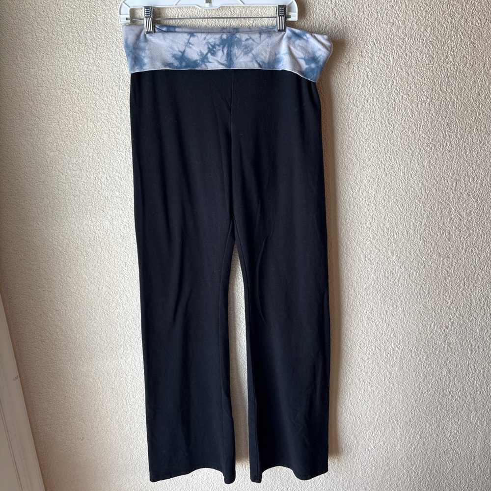 Y2K Victoria's Secret Black Wide-Leg Flare Yoga Pants with Blue TieDye Waistband